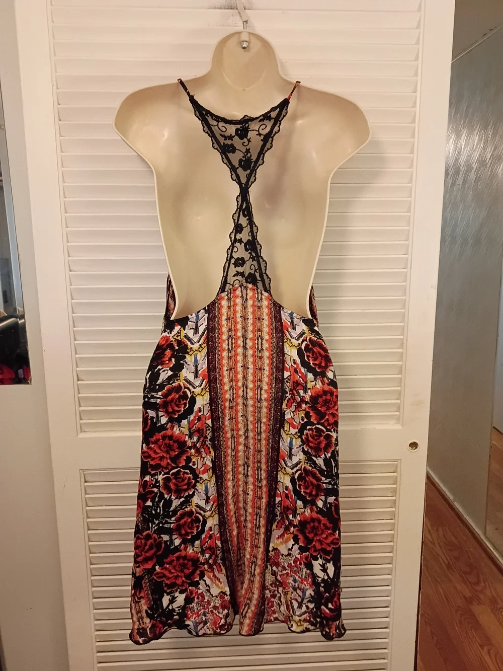 Free People Multicolor Floral Slip Dress with Black Lace Trim